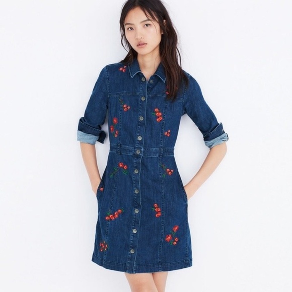 Madewell Embroidered Denim Dress Women 6 Blue Excellent Floral Button Front Mini